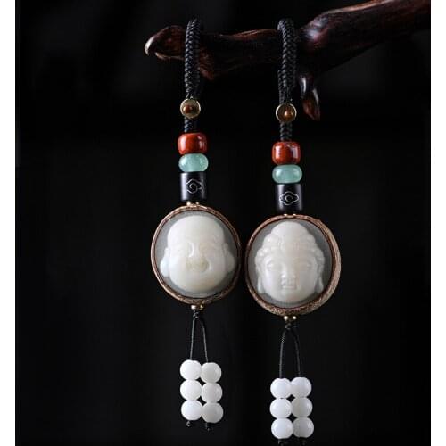 Vintage Carved Bodhi Seed Guanyin Maitreya Buddha Key Chain Lanyard Pendant Jewelry Accessory Car Keyring Lucky Rope Keychains