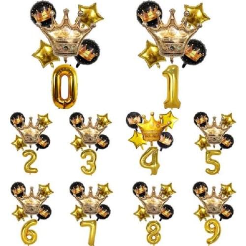 6pcs/set Crown Foil Birthday Balloons Digital Balloon Star Balloons for Birthday Wedding Party Decor