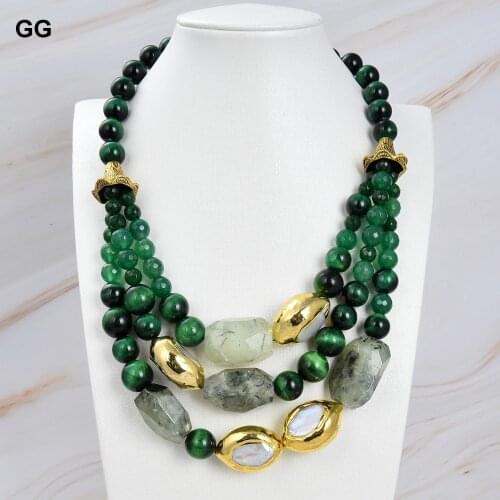 GuaiGuai Jewelry 19" 3 Strands Green Prehnite Tigers Eye Gems Stone White Keshi Pearl Necklace