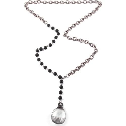 MOODPC Bohemian Jewelry 6mm Stone Rosary Chain and Black Gun Chain White Glass Drop Pendant Necklaces Women Ethnic Necklace