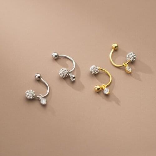 Genuine 925 Sterling Silver Dainty Zircon Ball Beads Curved Screw Stud Earrings Simple Cartilage Earrings for Women