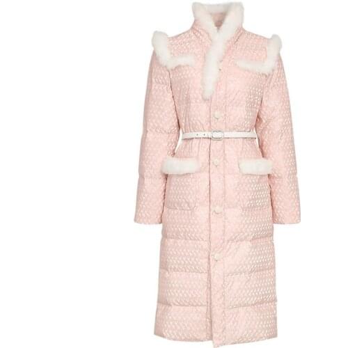 New arrival vintage pink white duck down jacket women rabbit fur stitching single breasted slim down coat