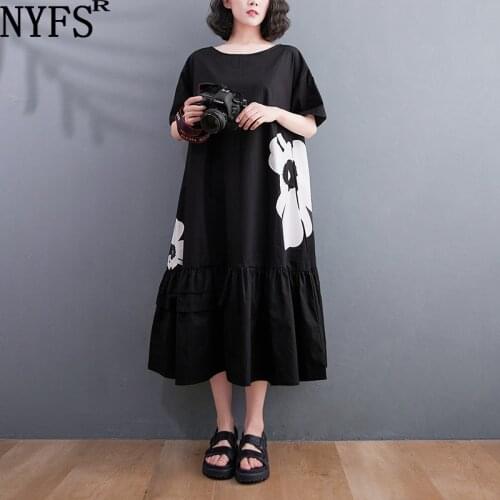 NYFS 2021 New Summer Dress Loose Printing Short Sleeve Woman Dress Korean Large Size Black Long Dress Vestidos Robe Elbise