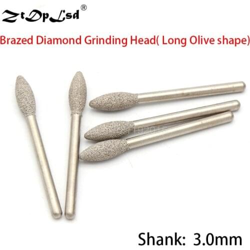 1Pcs 3MM Shank Brazed Diamond Grinding Head Jade Peeled Flat Jaw Stone Engraving Grit 46 Long Olive Shape Burrs Carving Bits