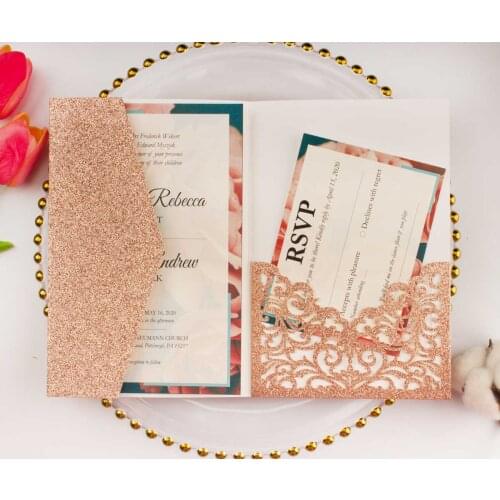 10pcs Elegant Rose Red Gold Silver Glitter Trifold Pocket Laser Cut Wedding Invitation Cards Custom Card For Party Anniversary