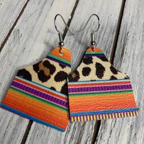 2021 New European Style Geometric Leopard Print Color Striped Pu Leather Earrings Exaggerated Personality Earrings Wholesale