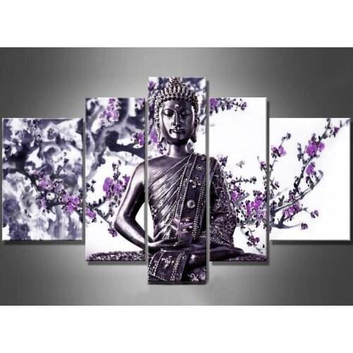 5 Pieces No Frame Modern Buddha Flower Oil Paintings On Canvas Purple Flower Art Buddha Wall Paintings