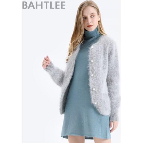 BAHTLEE Autumn Winter Women Angora Short Cardigans Sweater Wool Knitted Coat Jumper Long Sleeves O-Neck Pearl buckle
