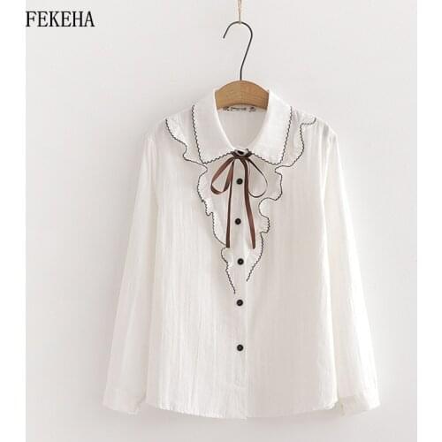 White Shirts Womens Lace Blouses Long Sleeve Lady Tops Female Clothes Fashion Bow Clothing