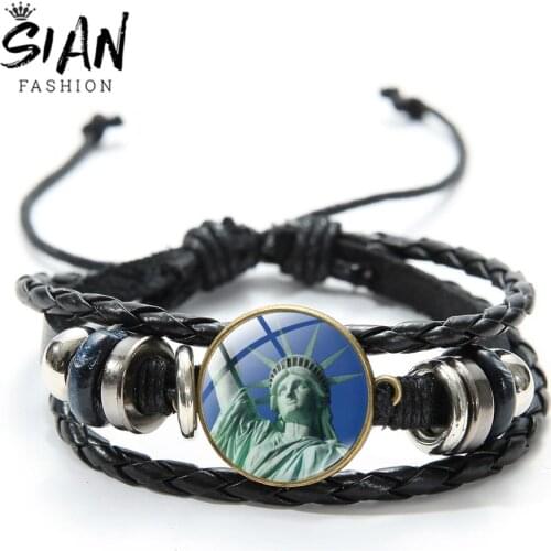 SIAN Charm Statue Of Liberty New York Art Picture Leather Bracelet Rope Glass Dome Bracelet Wave Snap Button Bangle Dropshipping