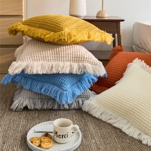 REGINA Brand Waffle Plaid Tassel Cushion Cover 45*45cm Soft Hand Crochet Nordic Cute Home Decorative Sofa Bed Chair Pillow Cover