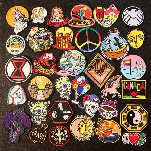 Hippie Rock Embroidery Patch Funny Patches For Clothing Skull Iron On Patches On Clothes Mountain Patch Stickers Applique Stripe