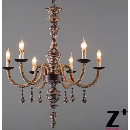 America Style Industry Country Chandelier hemp rope wooden Lamp 6 E14 Vintage Iron Made retro Free shipping