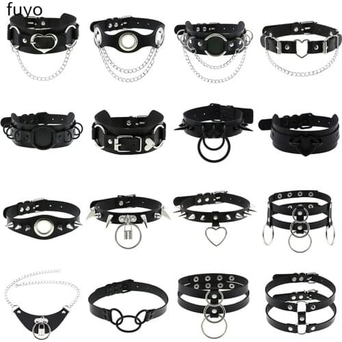 Gothic Black Goth PU Leather Choker Necklace For Women Punk Hollow Heart Rivet Spike Necklaces Chains Festival Party Men Jewelry