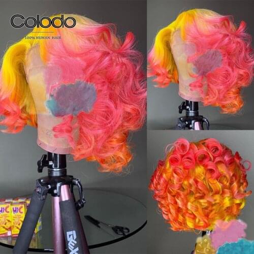 Ombre Curly Human Hair Wig Pre Plucked Short Wigs with Baby Hair 13x4 Lace Front Human Hair Wigs for Women COLODO