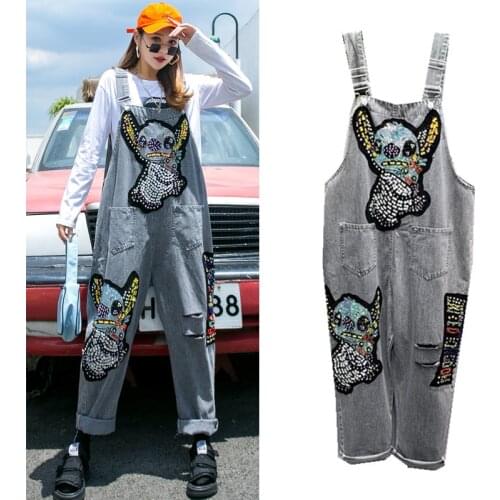 Luxury Crystal Beading Casual Plus Size Women Overall Playsuit With Pocket 2020 New Lady Loose Denim Jumpsuit Cartoon Rompers