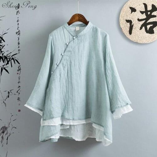 Traditional chinese blouse shirt tops for women mandarin collar oriental linen shirt blouse female elegant cheongsam top G173