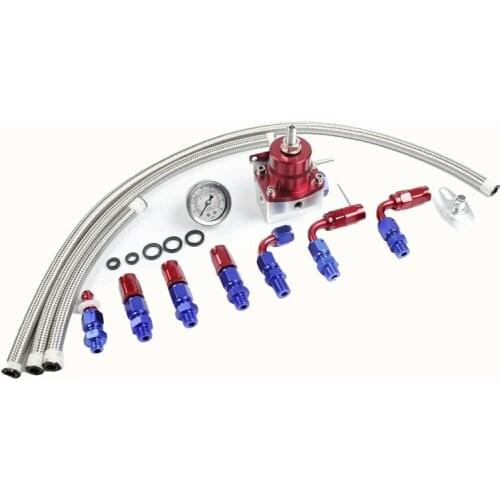 Universal Adjustable Fuel Pressure Regulator Kit with Oil Gauge 0-100 Psi-6AN Fitting End Blue-Red