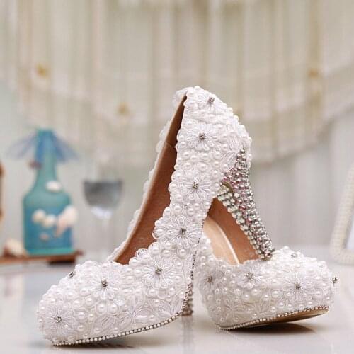Spring white lace flower pearl bridal wedding shoes stiletto rhinestone banquet dress large size custom womens single shoes