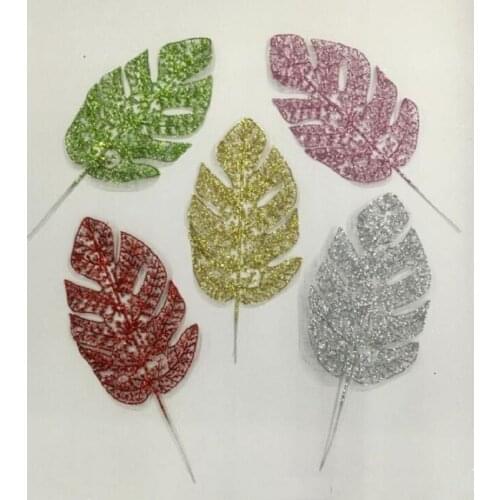 20pcs 35cm Artificial Glitter Monstera Leaf Branch For Flower Arrangement Wedding Christmas Tree Party Home Garden Decoration