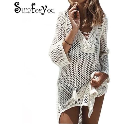 Crochet Beach tunic Pareo Bandage Beach Cover up Sexy Swimwear cover up Women Saida Praia Kaftan Beach Dress Bikini Cover up
