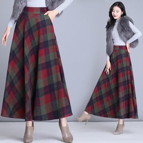 TingYiLi Woolen Plaid Long Skirts Womens Autumn Winter Warm High Waist Vintage A-line Skirt Elegant Office Lady Wear Maxi Skirt