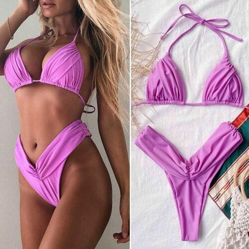 Womens Solid Color Pleated Shirt Womens Outer Single Swimsuit Purple
