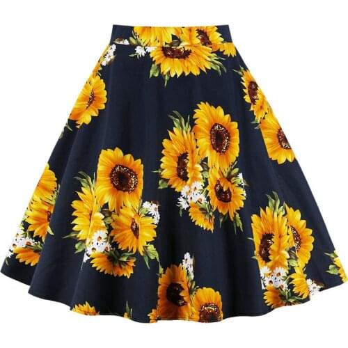 Retro Plus Size 4XL Sunflower Print Women Skirts High Waist Zipper Cotton Vintage Skirt Elegant Retro 50s A-Line Skirt Black