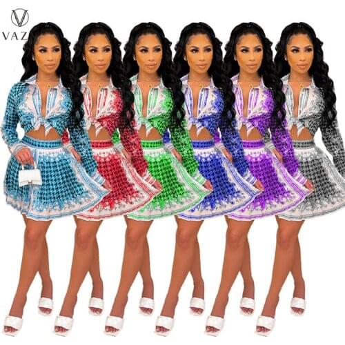 VAZN 2021 Women Fashion New Street Girl Style Sets Long Sleeve Lapel Top Elastic Mini Short Skirt Printed Dress Two Piece Sets
