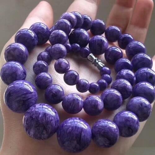 Genuine Natural Purple Charoite Women Necklace Female Round Crystal Bead Charming Long Chain Necklace 7-17mm Certificate AAAAA