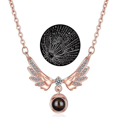 Fanqieliu I Love You Wedding Jewelry Women Angel Wings Pendants 100 Languages Crystal Pendant Necklace For Women FQL20045