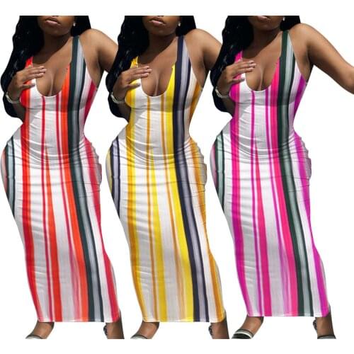 Women’s Casual Sleeveless Tight Dress Summer Fashion Stripe Printing Long Dresses Party