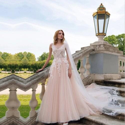 Sleeveless Wedding Dress 2021 New Tulle With Lace Appliques Bridal Gown Ball Gown Summer O Neck Wedding Dresses for Bride Train