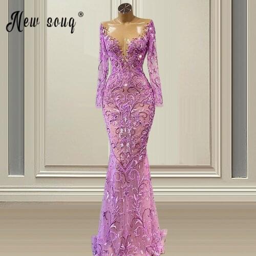 Haute Lace Purple Mermaid Beading Evening Dresses Sexy V Neck Long Sleeve Floor Length Prom Gown Dubai вечернее платье