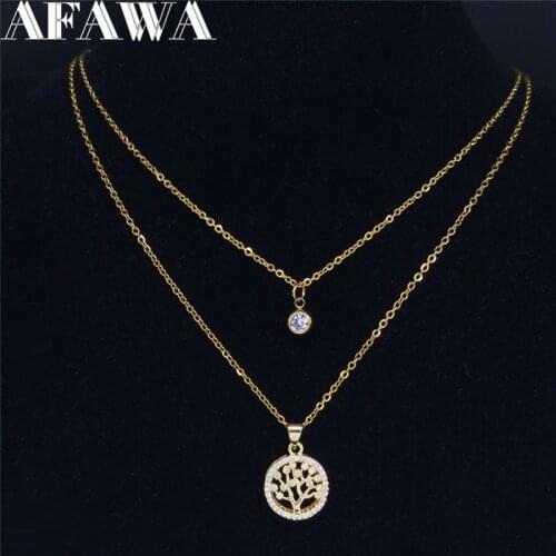 2pcs Stainless Steel Zircon Copper Tree of Life Necklaces Women Gold Color Double Layer Chain Necklace Jewelry colgantes NC4302