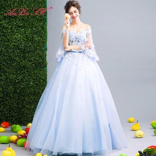 AXJFU Flower beading girls blue bow handmade evening dress petal Bride Toast dinner illusion party blue lace evening dress 257