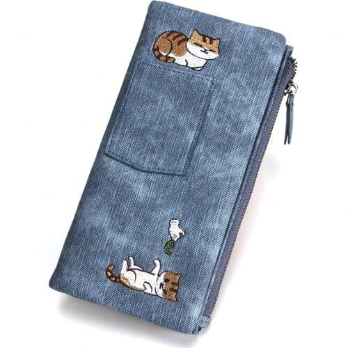 Kawaii Cat Embroidery Long Purse Women Denim Wallet 2021 New Korean Fashion Card Holder Two-Fold Handbag Clutch Female Bag