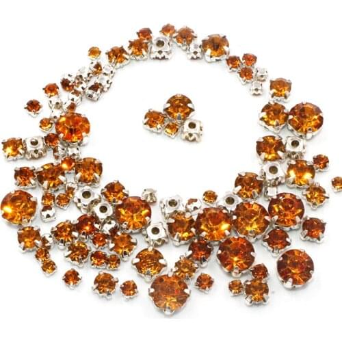 Hot sale Garment beads 100pcs/pack Mixed size Gold yellow glass crystal sliver base sew on rhinestones diy apparel accessories