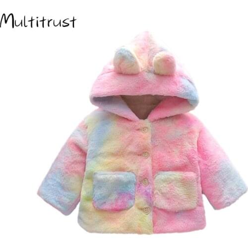 Gradient Tie Dye Print Korean Faux Fur Coat Warm Winter Coat Babu Coat Fashions Rabbit Fur Teddy Coats Pink