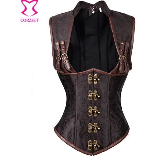 Brown Collared Cupless Steel Boned Underbust Corset Steampunk Gothic Waist Trainer Corsets Plus Size Waist Trainer Vest S-6XL