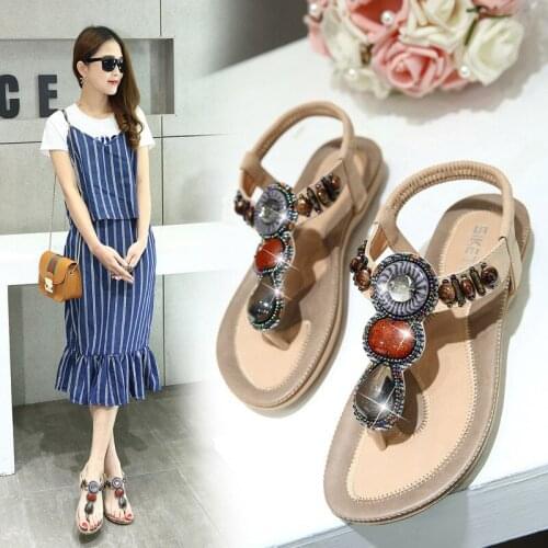 Summer 2021 Ethnic Fashion Casual Sandals Female Travel Beach Retro Beaded Large Size Flat Shoes