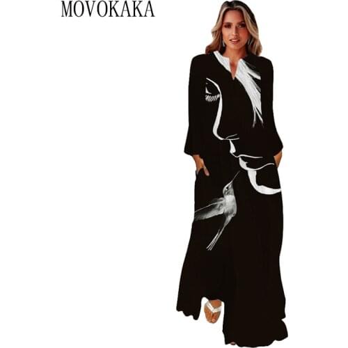 MOVOKAKA Black Dress Women Autumn Winter Elegant Casual Long Sleeve Loose Long Dresses Woman Party Face Printed Maxi Dress Women