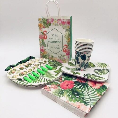 Green Palm Leaves Monstera Flamingo pineapple Hawaiian Disposable Party Tableware Set