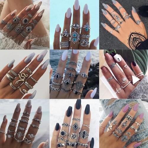 Tocona Boho Retro Crystal Gem Flower Hollow Gem Carved Silver Color Ring Set Women Wedding Anniversary Gift Ethnic Jewelry