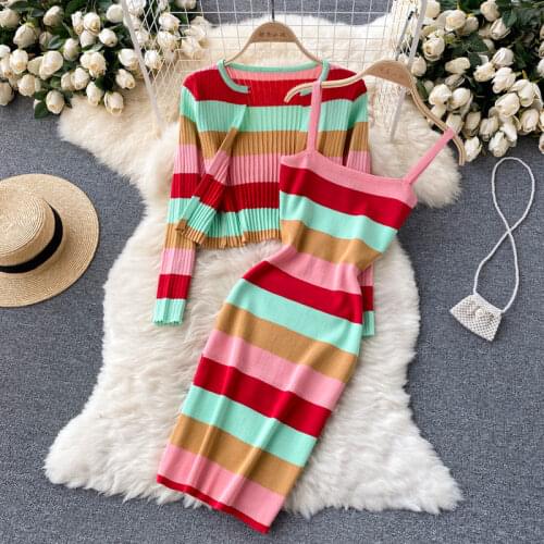 Autumn Colorful Striped Knitted Suits Women Long Sleeve Cardigan Outwear + Sexy Strapless Bodycon Mini Dresses Two Piece Set
