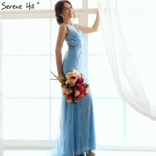 Luxury 2020 Beading Formal Real Photo Back PromTulle See Through Blue Beading Handwork Evening Dresses Longue LA6097