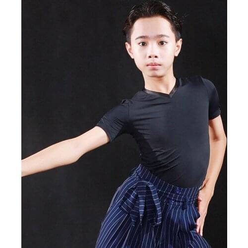 2020 Latin Dance Tops For Boy Black V-Neck Shirts Latin Practice Clothes Latin Cha Cha Rumba Samba Performance Clothes DQS4955