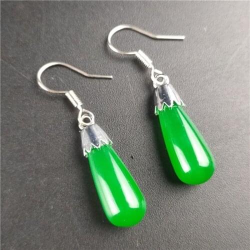 Natural Green Chalcedony Hand Carved 925 Silver Inlaid Drop Earrings Fashion Jewelry Mens and Womens Earrings