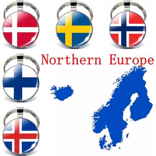 Northern Europe: Denmark Sweden Finland Norway Iceland Flag Key Chain Glass Jewelry Keychain Pendant Patriot National Day Gifts