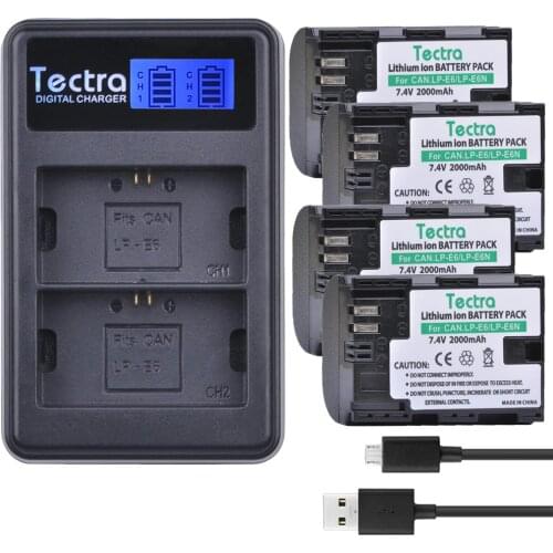 Tectra 4pcs LP-E6 LP-E6N Replacement Bateria+LCD USB Dual Charger for Canon EOS 5D 5D2 5DS R Mark II 2 /III 3 6D 60D 60Da 7D 7D2